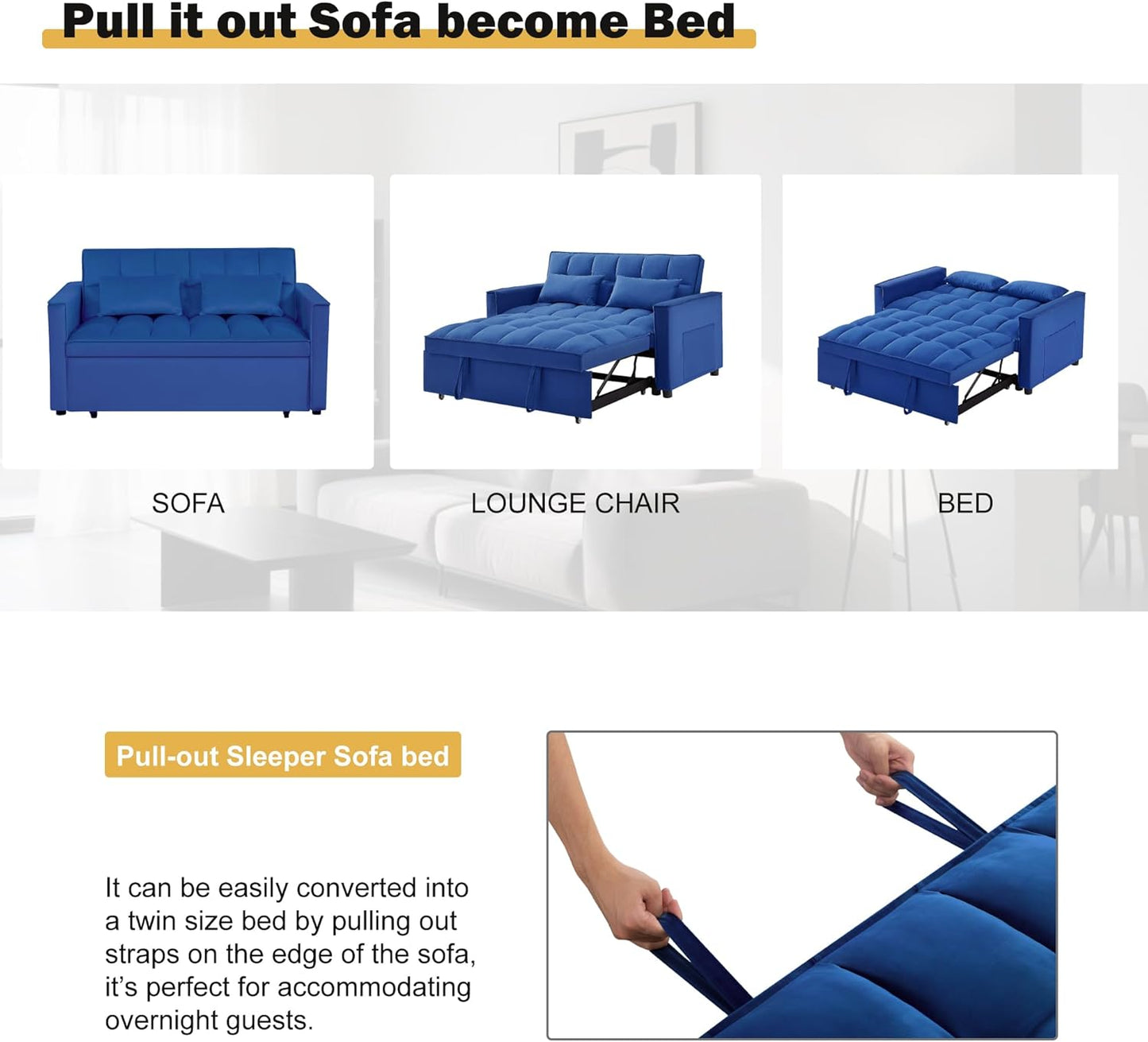 3 in1 Sofa Bed, Pull-Out Sleeper Sofa Bed with 3-Level Adjustable Backrest, Velvet Fabric Convertible Love Seat Sleepers Beds for Living Room & Bedroom & Apartment, Blue