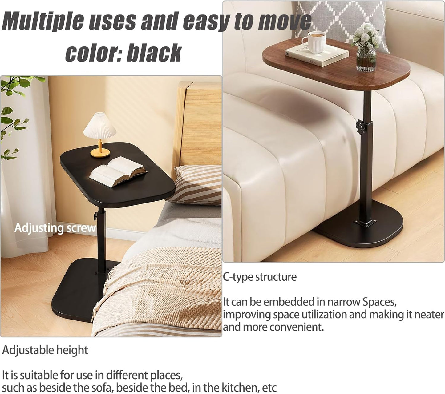 Pedestal C-Shaped Adjustable Small End Tables for Small Spaces Side Table，Desktop can Turn 360° and The Height of The Sofa Side Table can be Adjusted（Black Desktop + Black Bottom）