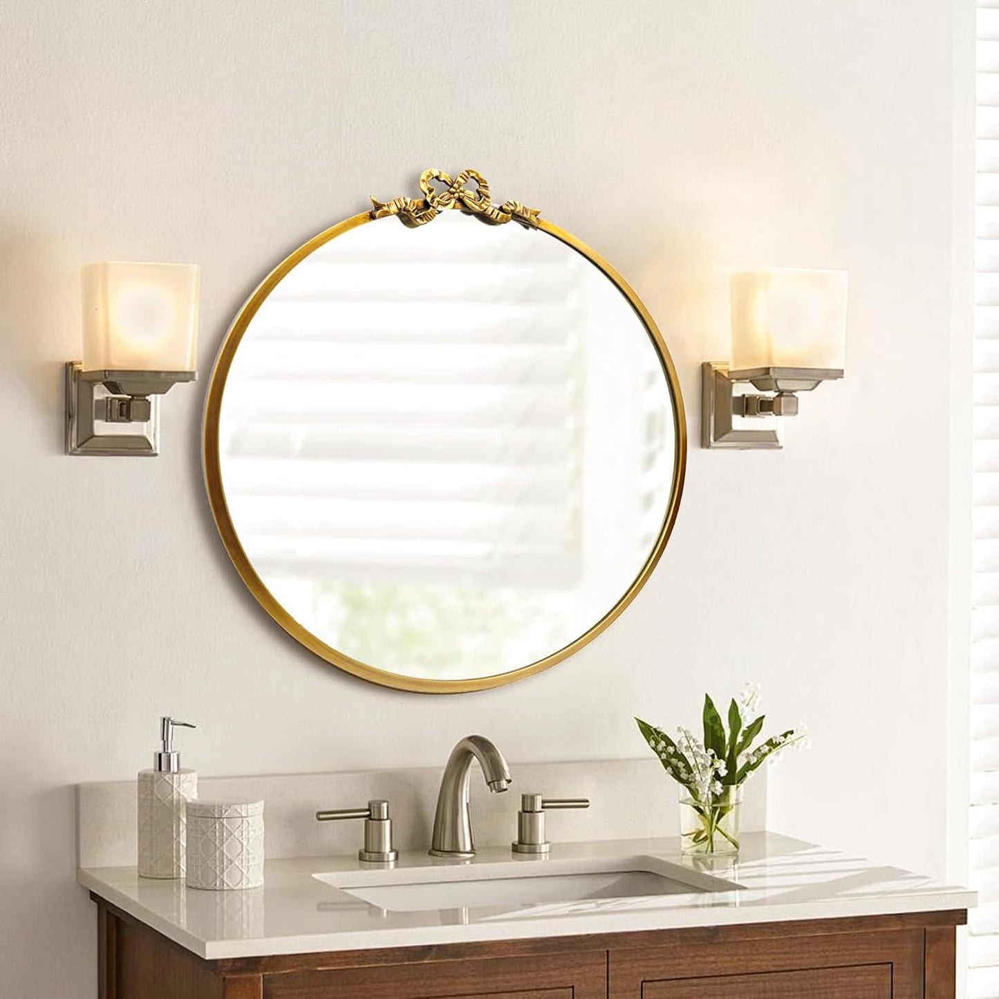 Vintage Gold Round Mirror 23.6inch Decorative Bow Mirrors for Wall Antique Bathroom Vanity Ornate Wall Mirror, Metal Baroque Bow Decor for Living Room, Entryway, Bedroom, Hallway