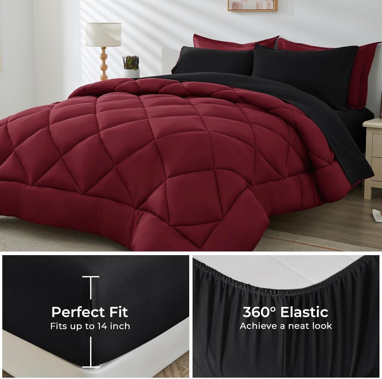 HEVUMYI Red & Black Cali-King Comforter Set - 7-Piece All Season Bed in a Bag Cali-King, Ultra Soft Burgundy Bedding Set with Comforter, Flat Sheet, Fitted Sheet, Pillowcases, Pillow Shams, Burgundy