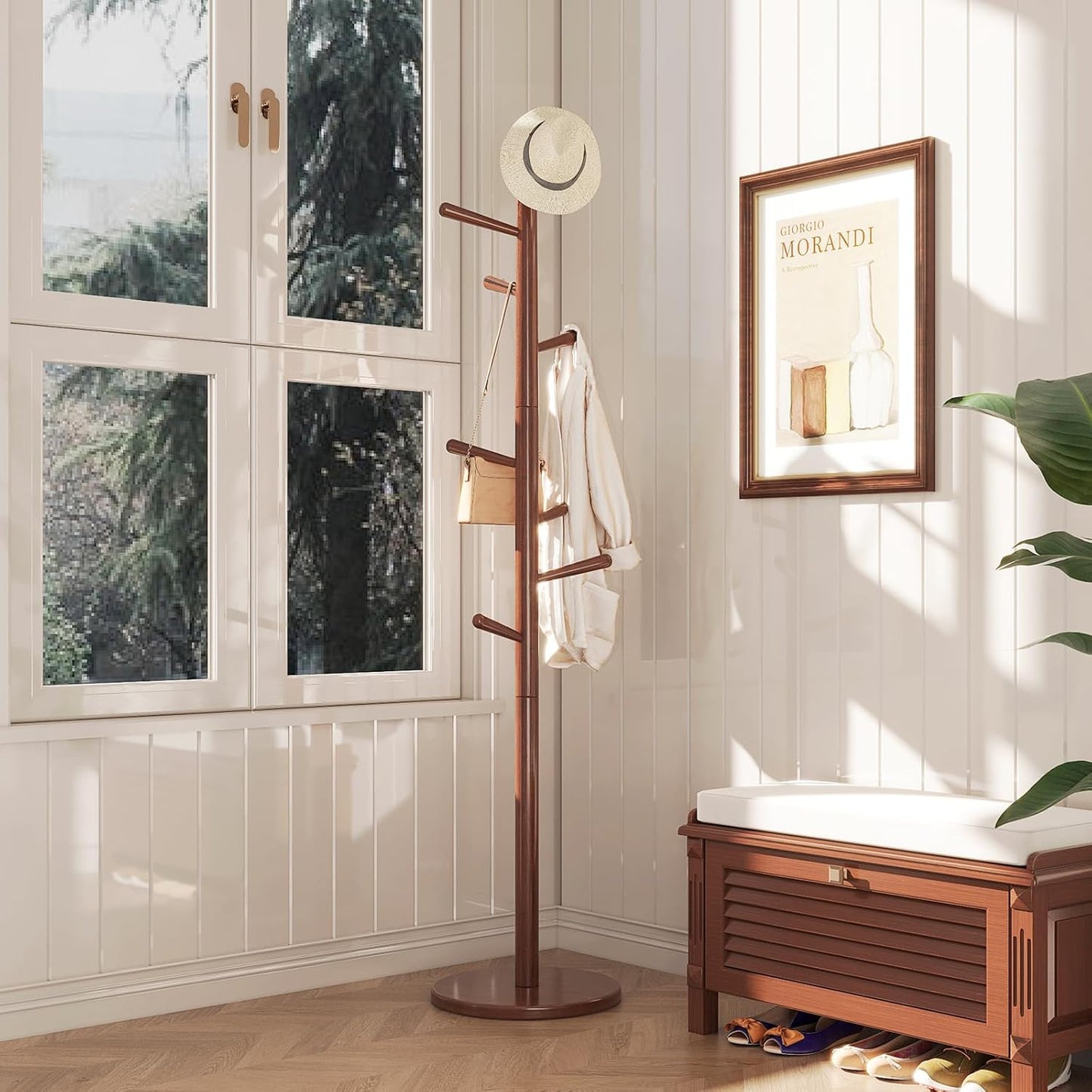 Uniclinens Coat Rack Freestanding Solid Wood Coat Tree Standing with 8 Hooks, Coat Rack Stand Creative Tree Branch-Look (Walnut)