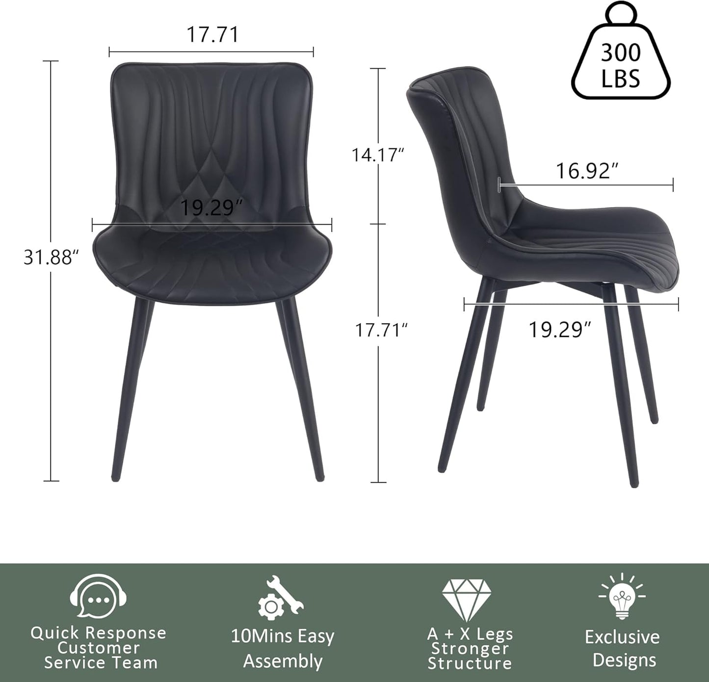 YOUTASTE Black Dining Chairs Set of 2 Upholstered Mid Century Modern Kitchen Dining Room Chairs Armless Faux Leather Accent Chairs Metal Vanity Lounge Chair with Back for Living Room Bedrooms