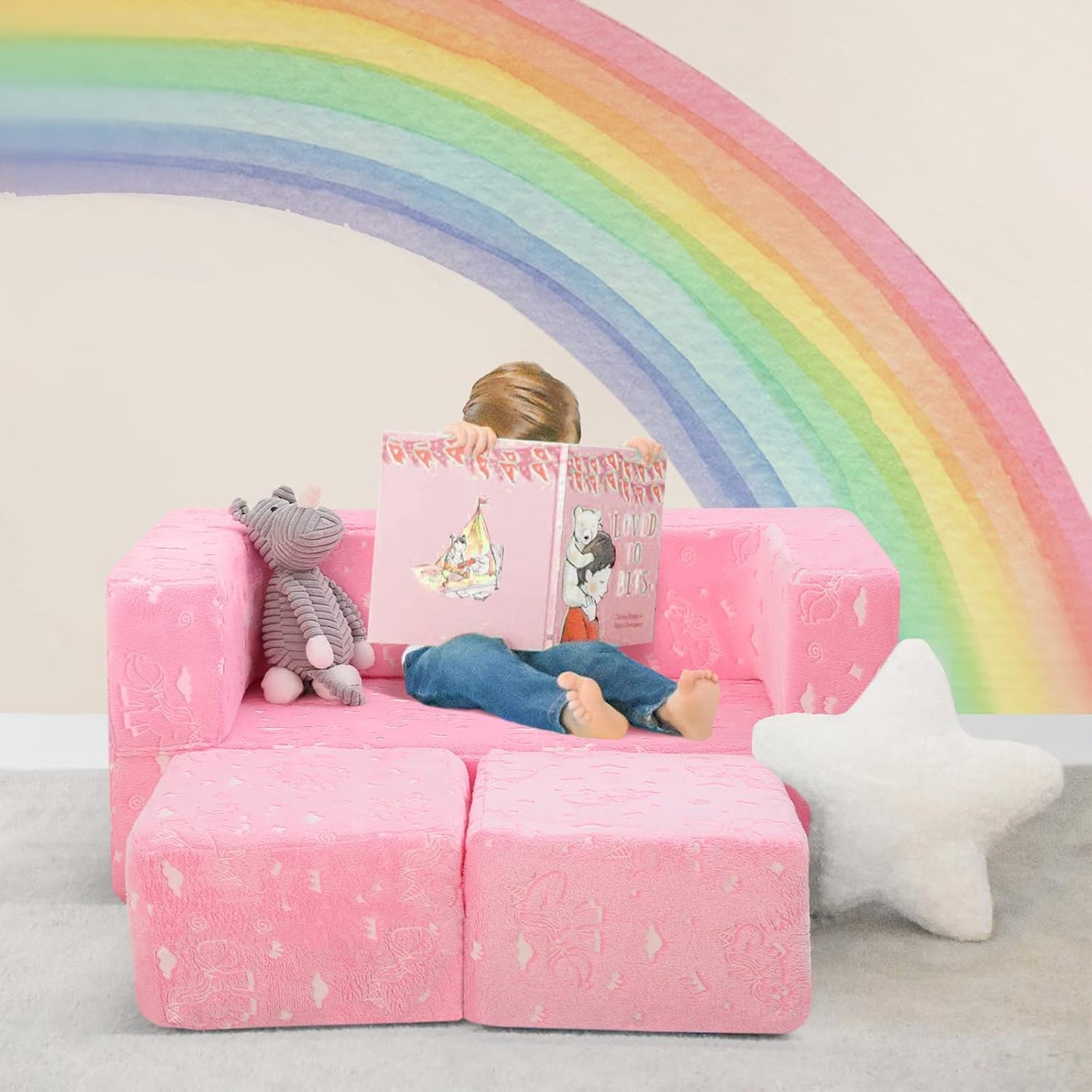 MeMoreCool Glow-in-The-Dark Unicorn Kids Modular Play Couch Sofa – Convertible Fold-Out Plush Foam Toddler Chair for Children’s Playroom