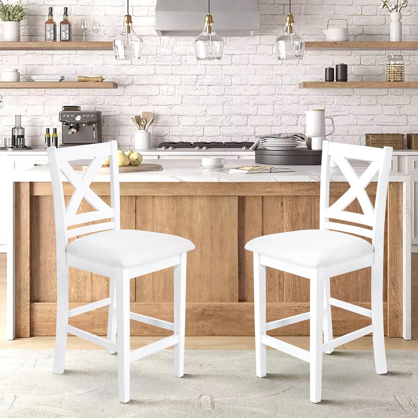 Upholstered Counter Height Bar Stools Set of 2, Modern Kitchen Island Barstools Chairs with Cross Back and Wood Legs for Dining Room Bar, Grey White Wash