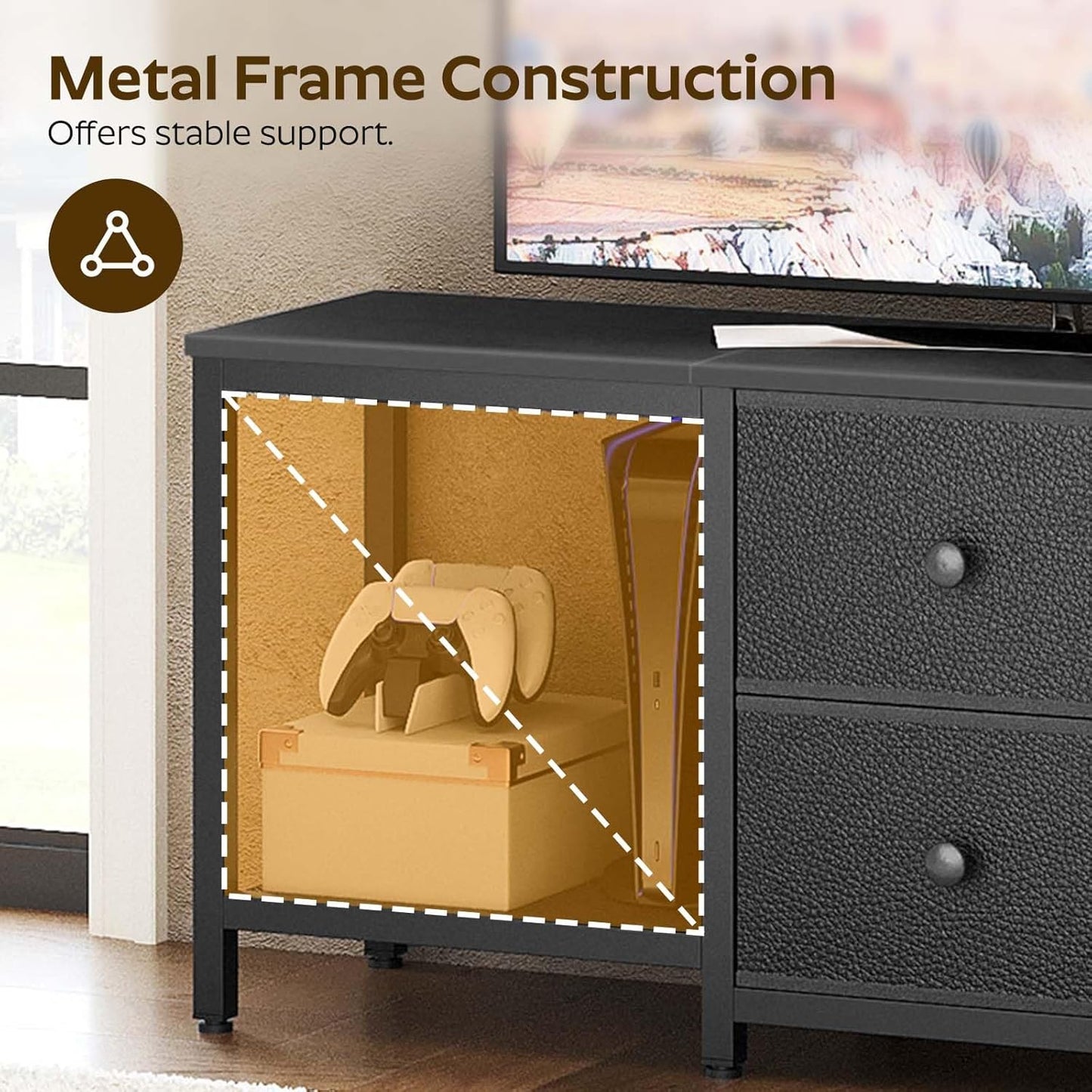 TV Stand for TVs up to 55", Entertainment Center with 2 Fabric Drawer, Media Console with Shelves, Television Stands for Living Room, Bedroom, Black DS02BB