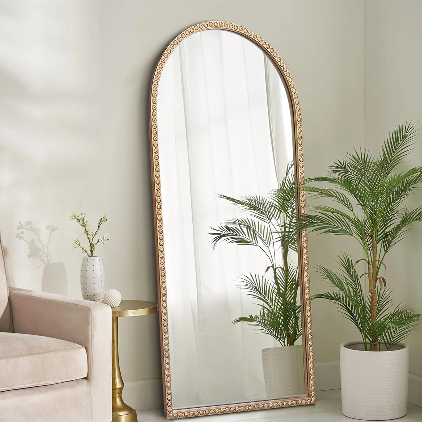 Gold Arched Mirror, 22"x47" Arch Vanity Mirrors for Bathroom, Decorative Accent Mirror with Metal Beaded Frame, Large Vintage Mirrors for Fireplace Bedroom Entryway Hallway Living Room