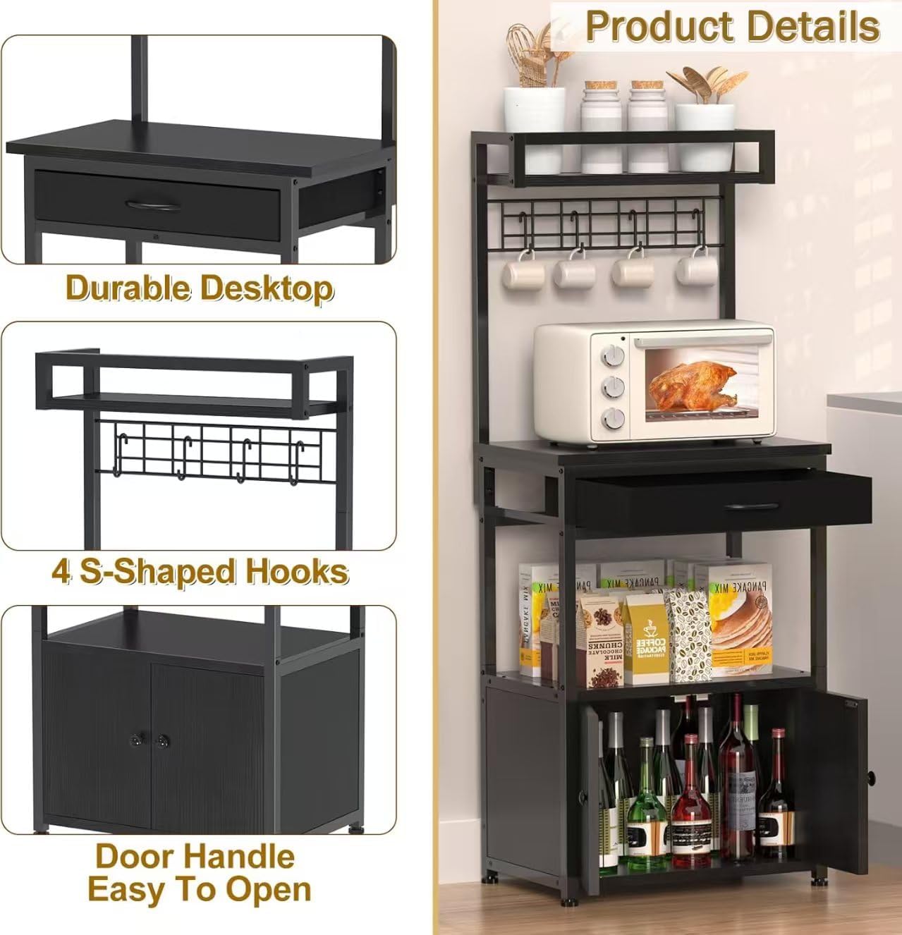 5-Tier Coffee Bar Cabinet & Microwave Stand with Storage, 2 Doors, 4 S-Hooks Kitchen Appliance Bakers Rack for Spices, Pots,Coffee Station for Small Spaces,Living Room,Entryway,Black