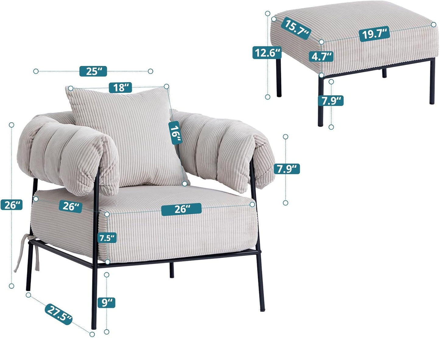 HollyHOME Modern Velvet Accent Chair with Ottoman, Upholstered Comfy Reading Chair and Footstool, Fabric Large Lazy Arm Chair and Stool, Lounge Sofa Chair for Living Room, Bedroom, Grey Chair&Stool