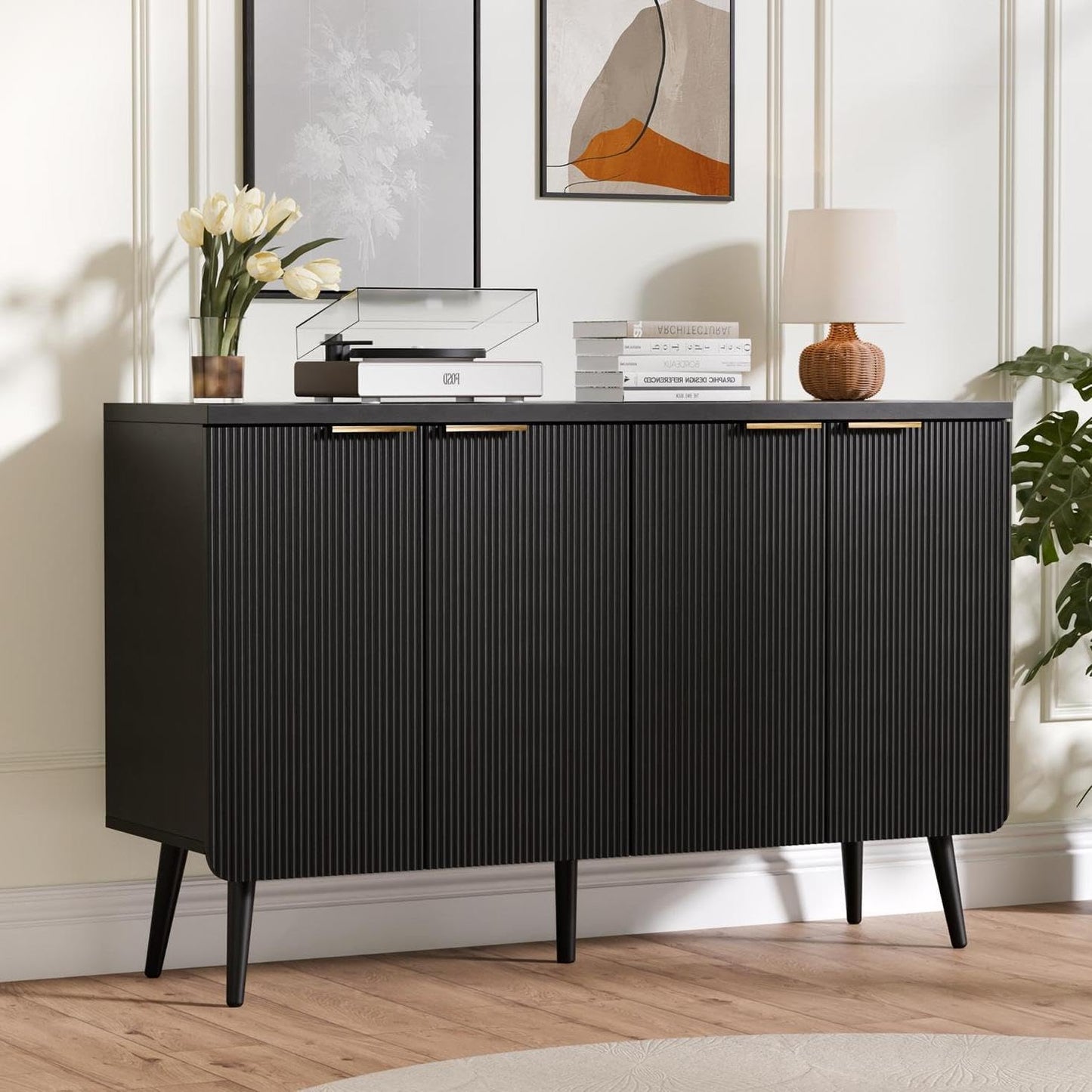 47.2" Buffet Cabinet with 4 Doors, Accent Sideboard Cabinet with Adjustable Shelf, Dining Room Sideboard with Waveform Panel, Credenzas for Living Room, Hallway, Black