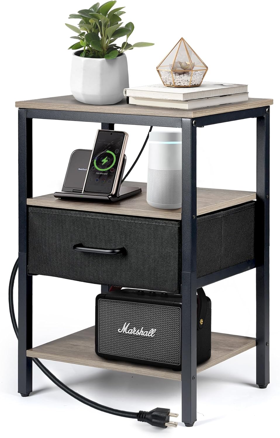 Nightstand with Charging Station, Bed Side Table with Fabric Drawer, 3-Tier Storage Dorm Night Stand for Bedroom, 2 USB & 2 Outlets End Table, Greige and Black