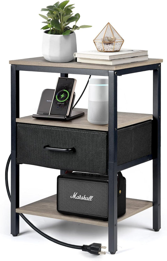 Nightstand with Charging Station, Bed Side Table with Fabric Drawer, 3-Tier Storage Dorm Night Stand for Bedroom, 2 USB & 2 Outlets End Table, Greige and Black