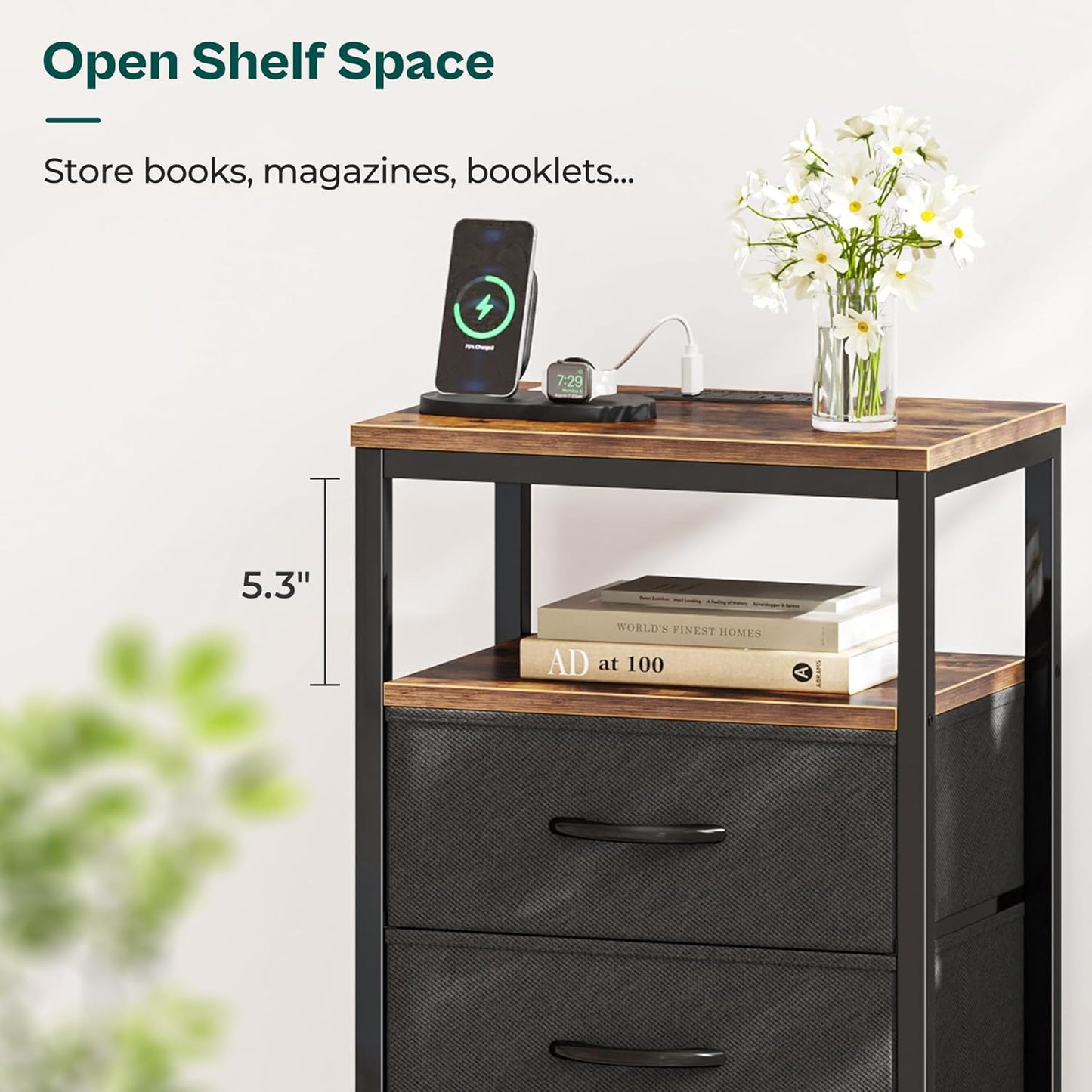 Huuger Nightstands Set of 2, 27.6 Inch End Tables with Charging Station, Fabric Drawers, Bedside Tables with USB-C Port and Outlet, Night Stands for Bedroom, Rustic Brown and Black