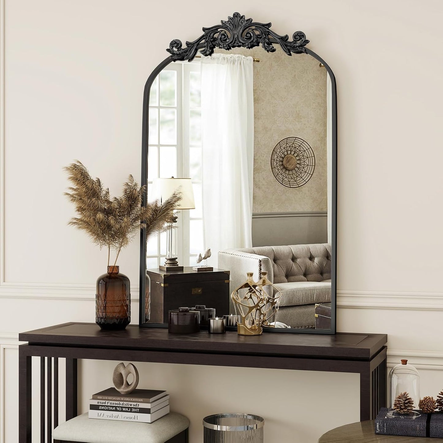 Vintage Arched Bathroom Mirror, 24x36 Inch Retro Wall Mounted Vanity Mirror with Carved Pattern Top and Metal Frame, Black Decorative Mirror for Hanging or Leaning