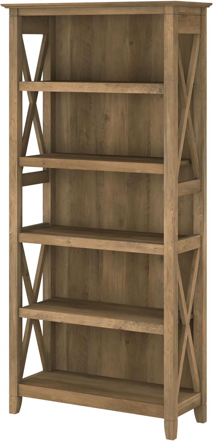 Bush Furniture Tall 5 Shelf Bookcase for Living Room or Home Office, Large Bookshelf, Modern Farmhouse Style, Key West Collection, Reclaimed Pine