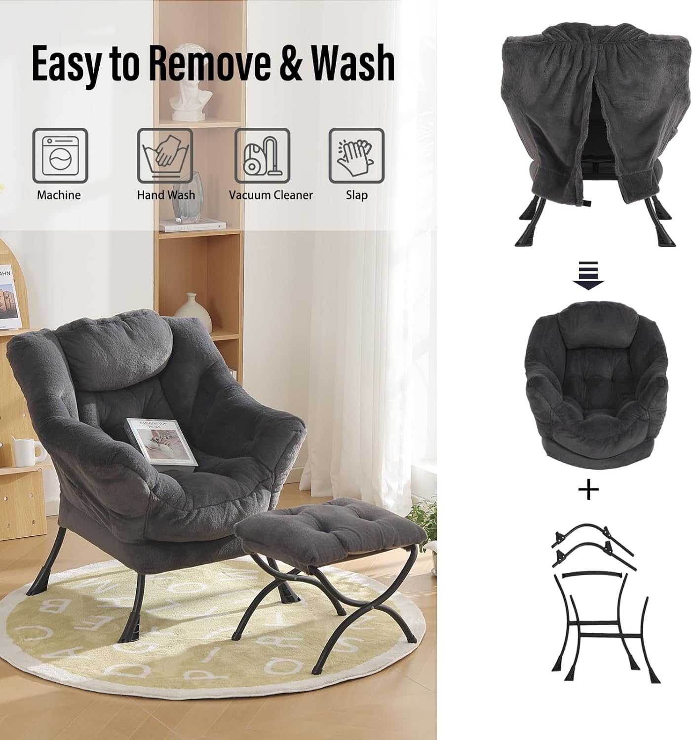 Oversized Chair with Ottoman, Modern Reading Chair, Lounge Accent Chair with Armrests and a Side Pocket for Small Space, Bedroom, Study, Living Room (Plush Dark Greyish Blue)