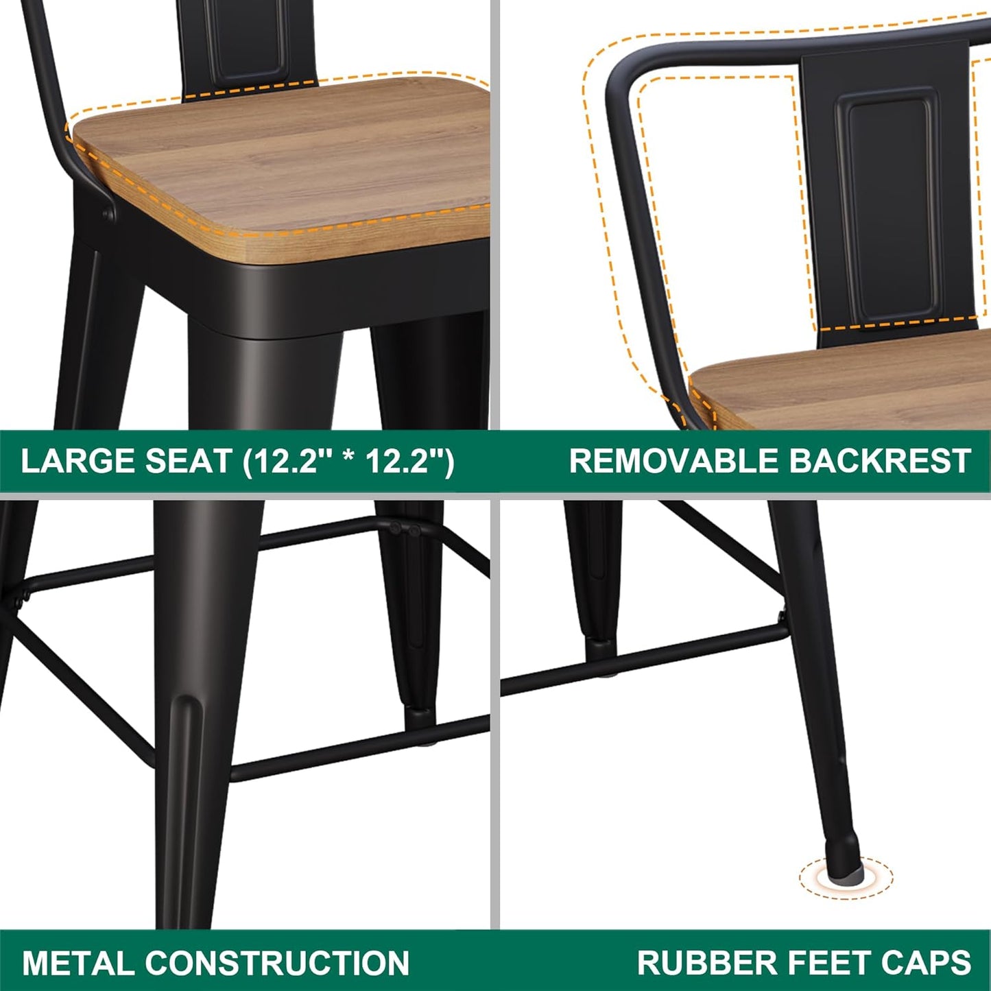 WENTMENT Metal Bar Stools Set of 2 Counter Height Barstools with Removable Back 24" Kitchen Bar Stools with Wooden Seat, Black