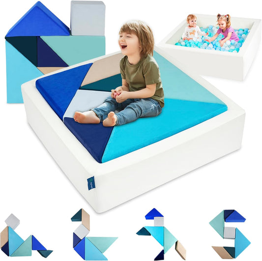 Kids Play Sofa, Tangram Square Puzzles Couch Furniture, Modular Kids Play Couchs Furniture, Puzzle Solving Couch Building Fort for Playroom Bedroom Boys Girls Teens, Ocean