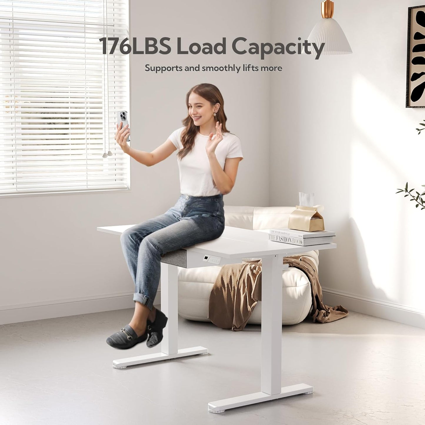 Seang Standing Desk with Drawer, 40" x 24" Height Adjustable Stand Up Desk, 3 Memory Height Settings with Cable Grommets & Storage Hooks, Ideal for Home & Office, White