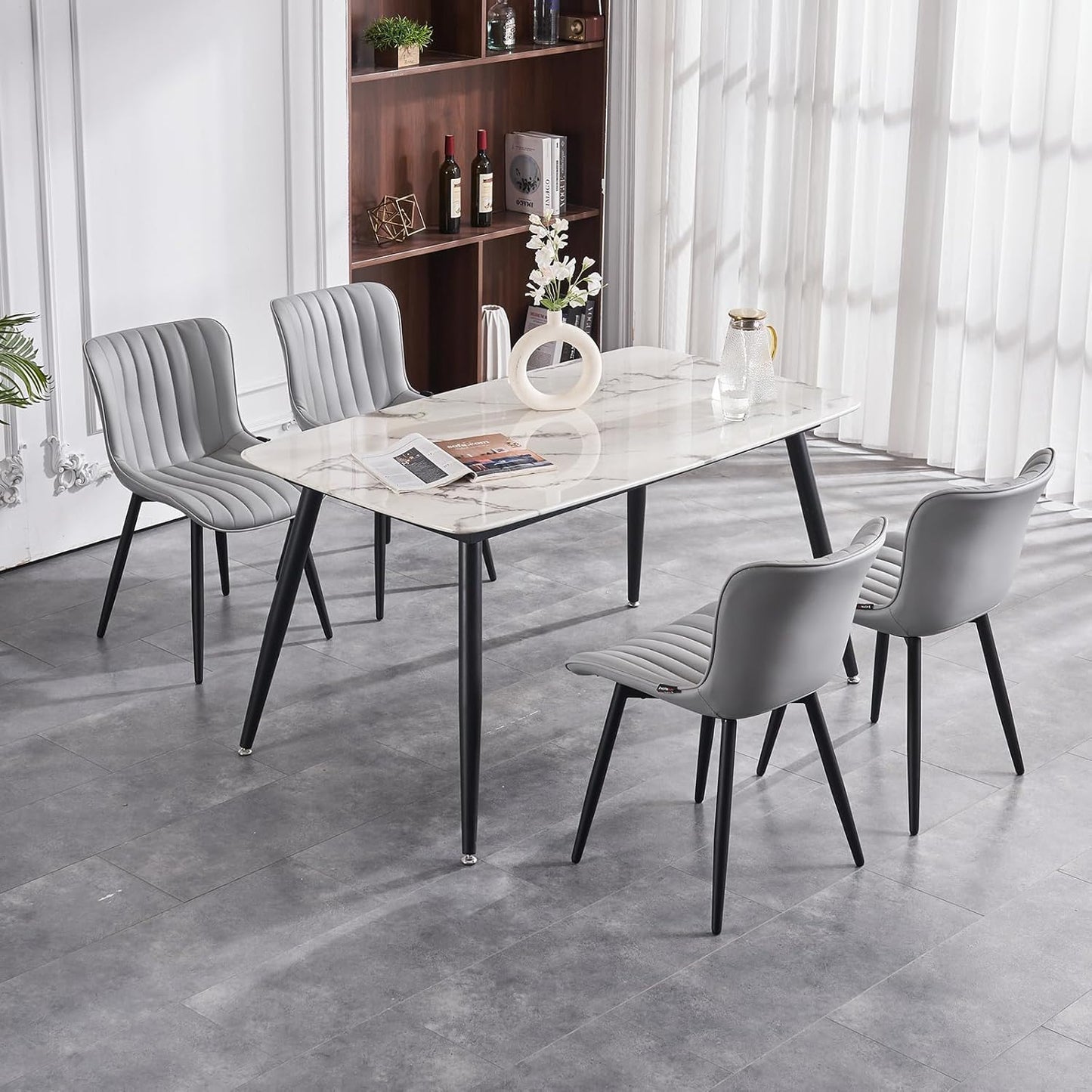 YOUNUOKE Mid-Century Modern Dining Chairs Set of 2, Grey PU Leather Upholstered Kitchen Chairs with Black Metal Legs, Armless Accent Chair for Dining Room, Guest Reception Room