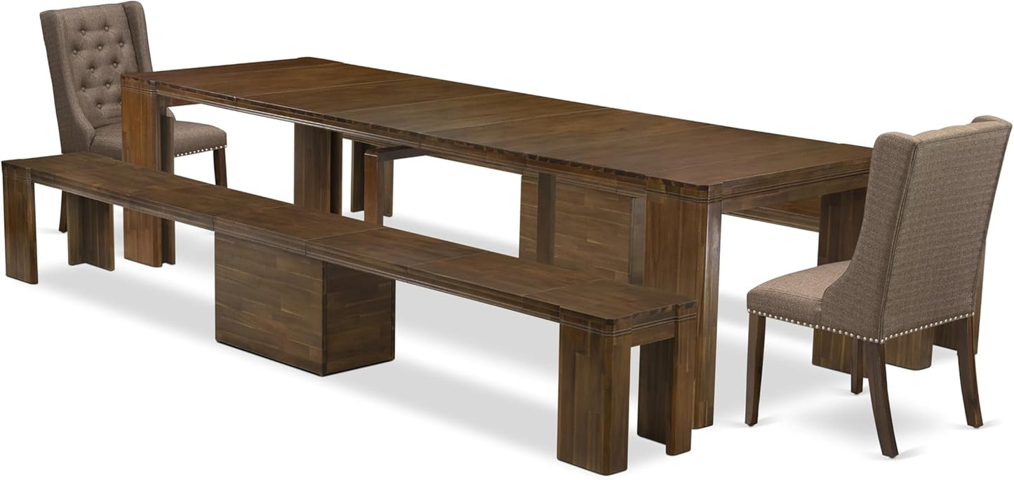X02FO-208-18 - 5 Pieces Dining Room Set contains an Extendable Rectangle Kitchen Table, 2 Dining Chairs and 2 Modern Benches, 39x120 Inch, Antique Walnut