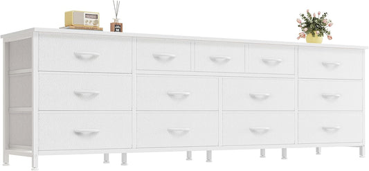 Huuger 70 Inch White Dresser for Bedroom, TV Stand for 65, 75, 80 Inch TV, 13 Fabric Drawer Long Dresser, Wide Chest of Drawer, Storage Units for Bedroom
