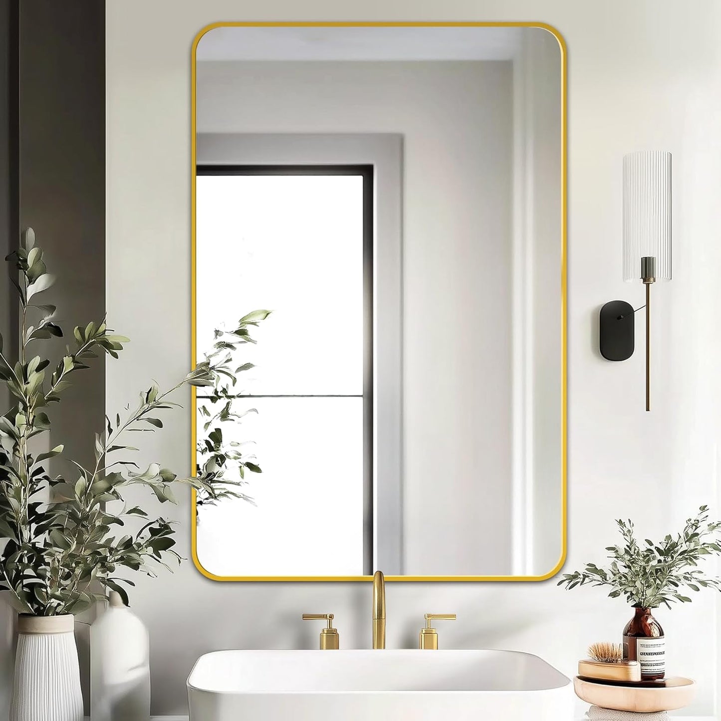 Delma Bathroom Vanity Mirror, Black Framed Bathroom Mirror for Over Sink, High-Definition Bathroom Mirror, Versatile Bathroom Vanity Mirror, Hangs Horizontally or Vertically(36x24, Gold)