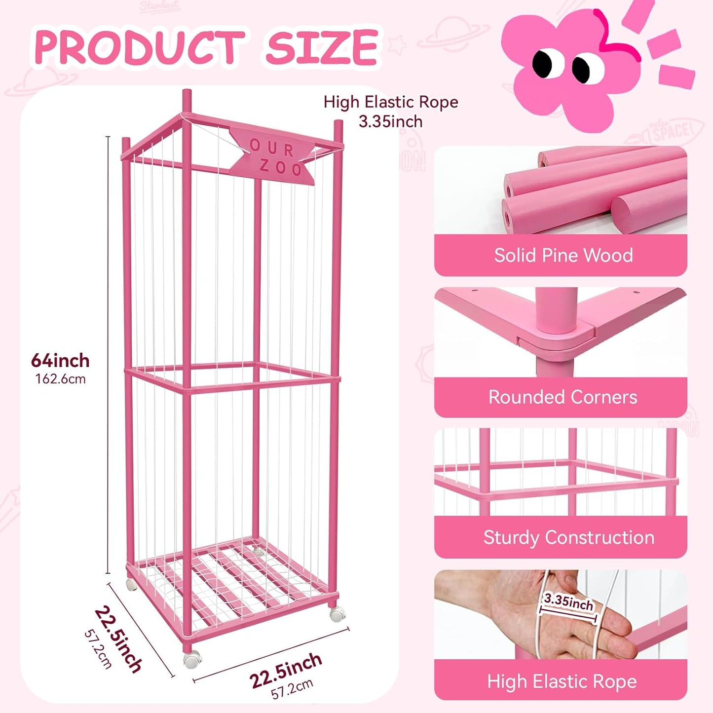 Stuffed Animal Storage Zoo with Wheels, Wooden Large Stuff Animals Plushies Holder Toy Organizer Kids Plush Storage Cage with Elastic Band and Net for Nursery Playroom Corner for Toddler (Hot Pink)