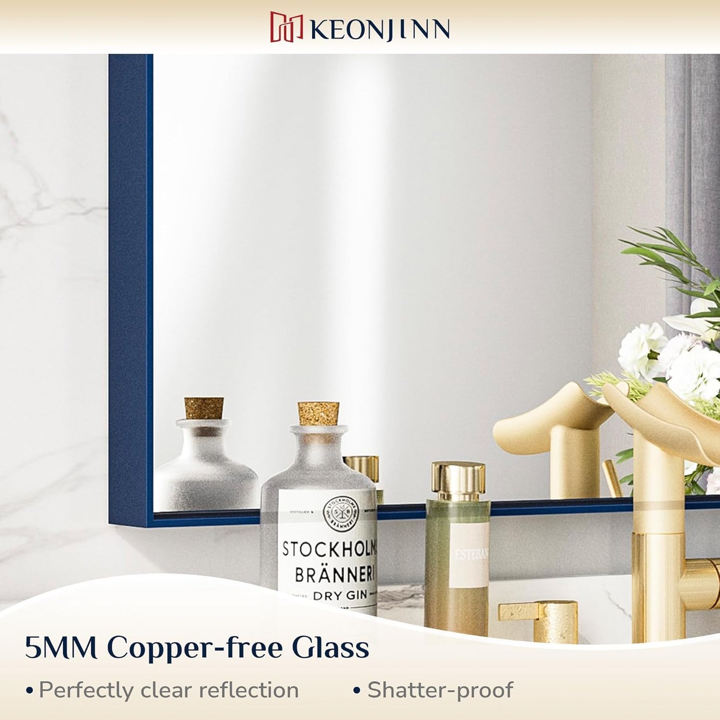 Keonjinn Blue Bathroom Mirror 22 x 30 in, Metal Framed Rectangular Wall Mirror, Square Corner, Modern Farmhouse, Rectangle Navy Blue Mirrors for Bathroom Sink(Horizontal/Vertical)