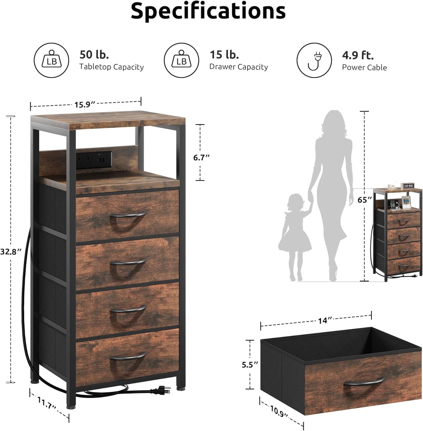 NightStand Bedside Charging Table Bedroom - Night Stand with Charger Station, Modern Nightstand with Open Shelf & 4 Fabric Drawers, Bed Side Table with USB-C USB Ports & AC Outlets for Dorm