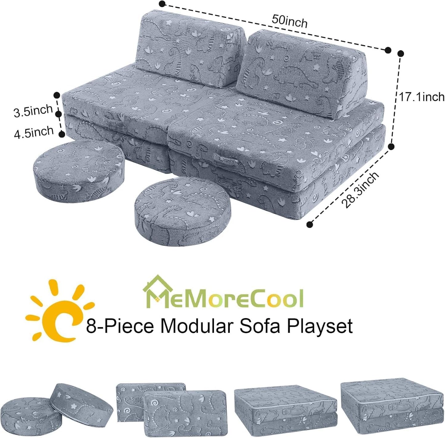 MeMoreCool 8-Piece Kids Modular Play Couch — Glow-in-The-Dark Dinosaur Foam Sofa Set for Toddlers, Convertible Fort Building Furniture with Washable Covers, Playroom Climbing & Creative Play Sofa