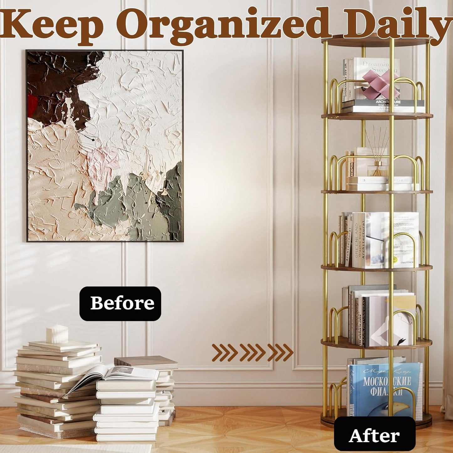 5-Tier Rotating Bookshelf, 360° Round Spinning Book Shelf Tower, Tall Skinny Wood & Metal Bookshelf for Corner/Office/Home, Modern Industrial Vintage Style