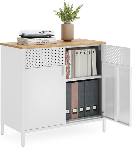 SONGMICS Storage Cabinet, Metal Cabinet, Sideboard with 2 Doors, 15.7 x 31.5 x 29.9 Inches, Magnetic Closure, Adjustable Shelf, Steel Frame, Natural Beige and White ULSC102W57