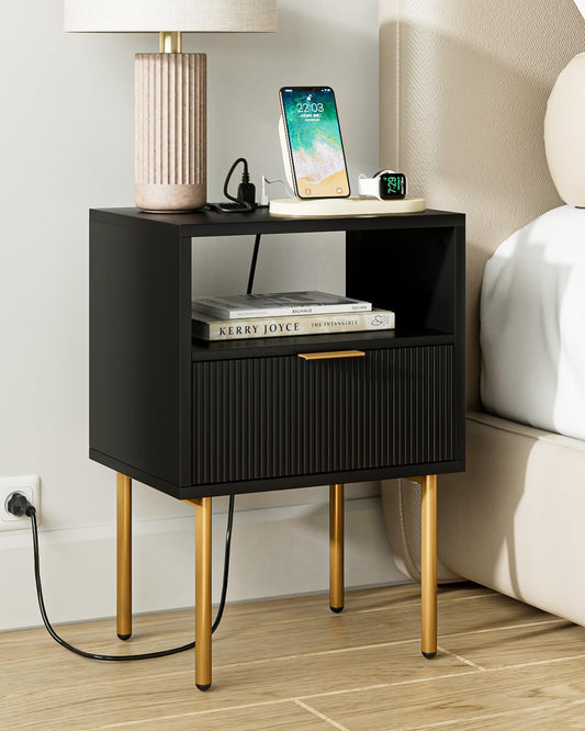 Nightstand,Small Bedside Table with Gold Frame,Morden Night Stand with 2 Drawer,End Table,Side Table with Drawer and Shelf for Bedroom,Living Room (Black-1Drawer-Outlet)