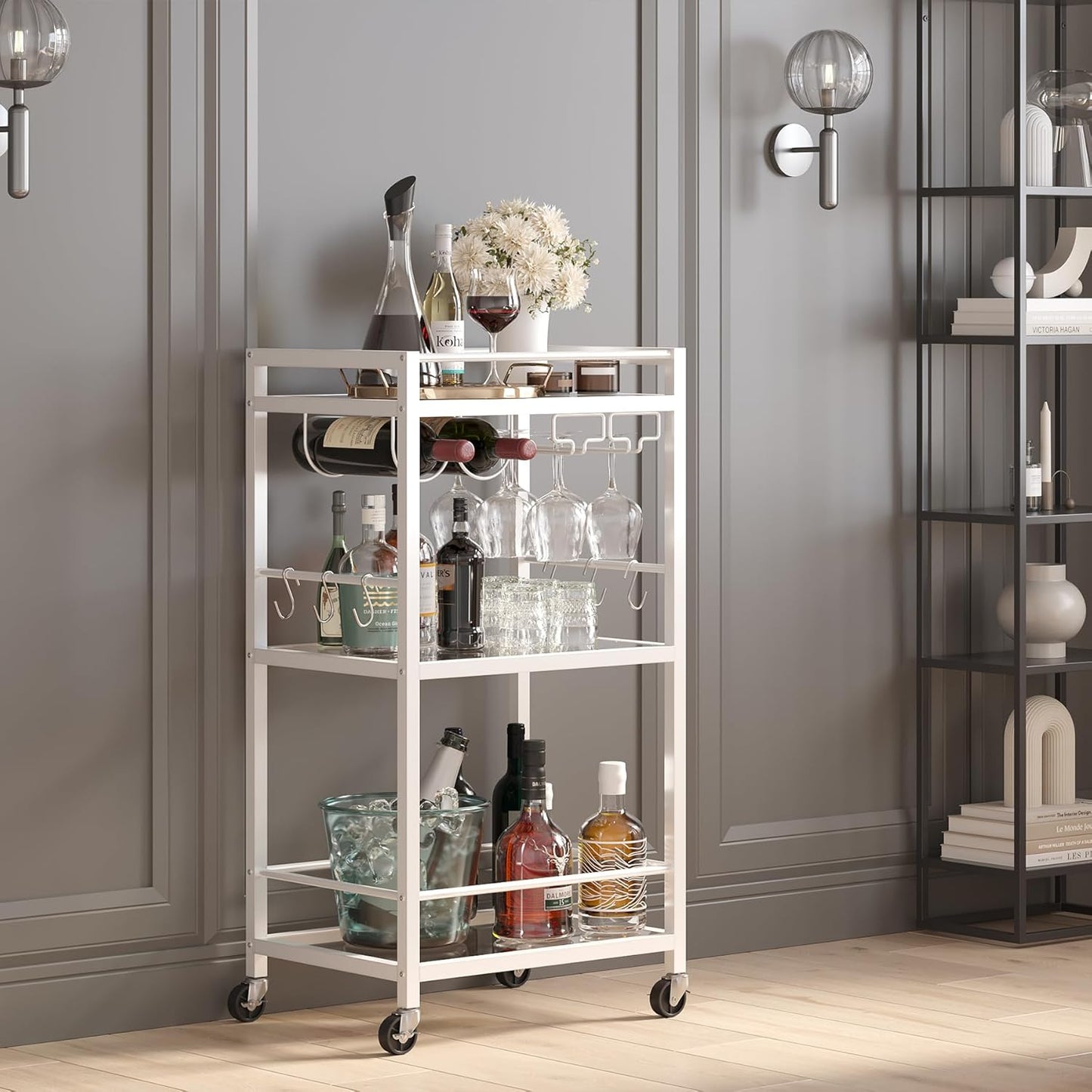 TUTOTAK Bar Cart, Home Bar Serving Cart, Drink Cart with 3-Tier Mirrored Shelf, Mobile Kitchen Shelf with Wine Rack, BC01BW033