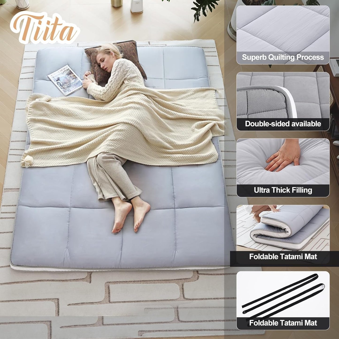 Tiita Floor Mattress Memory Foam Mattress Topper, 4" Thicken Futon Mattress with Storage Bag and 2 Straps, Portable Roll Up Travel Car Camping Mattress Sleeping Pad Full Size, Grey