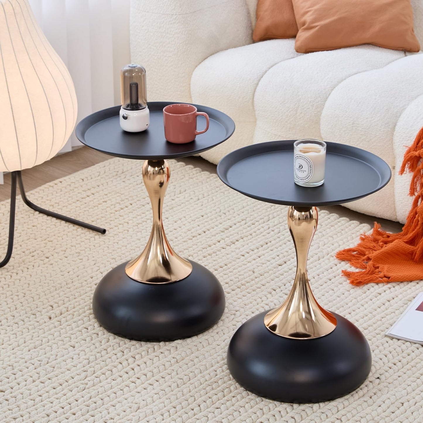 Modern Round Side Table with Gold Pedestal Base, Black Metal Top, Accent End Table for Living Room (Black+Black)