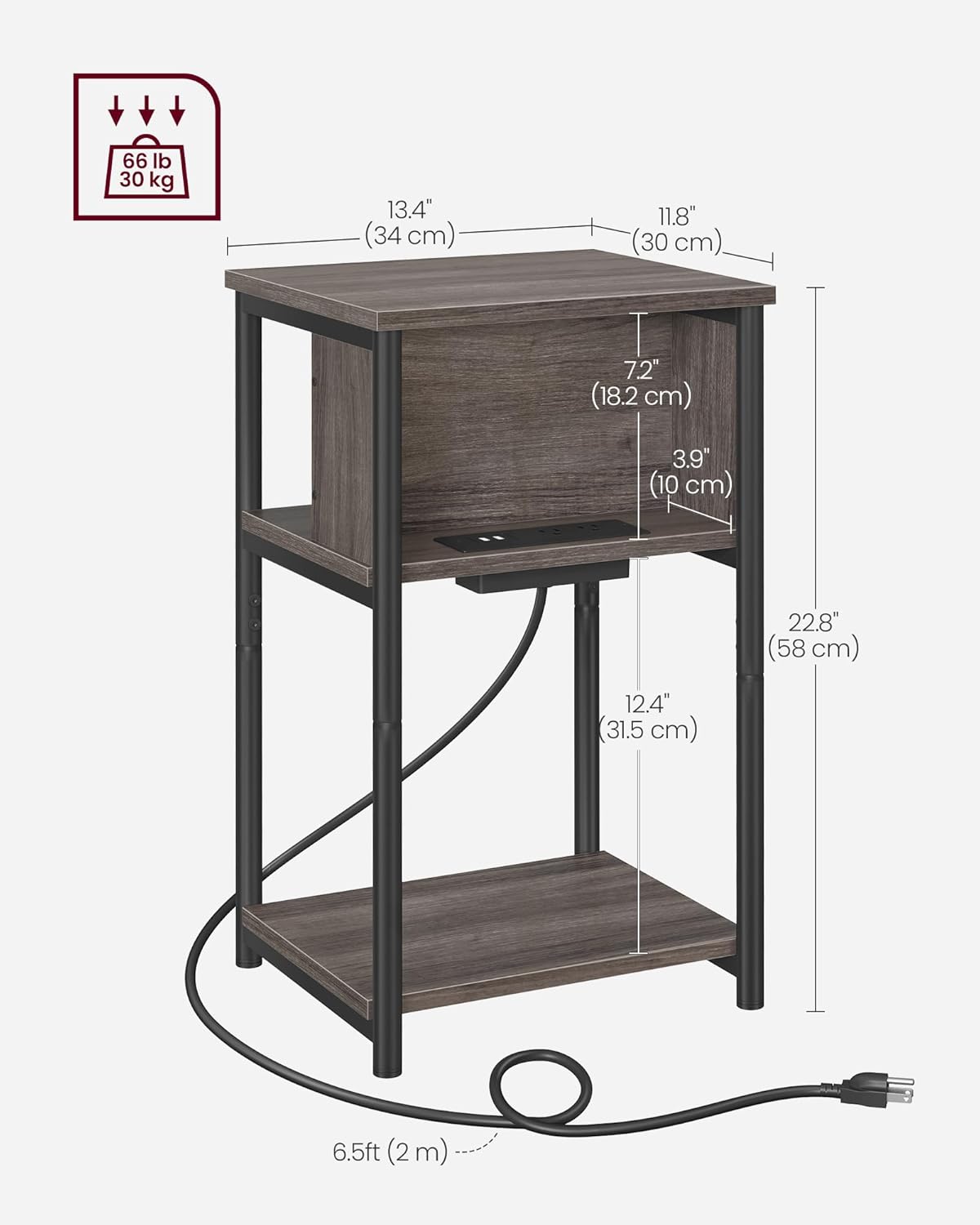 VASAGLE Side Table with Charging Station, 3-Tier End Table with USB Ports and Outlets, Nightstand for Living Room, Bedroom, 11.8 x 13.4 x 22.8 Inches, Plug-in Series, Chestnut Brown and Black