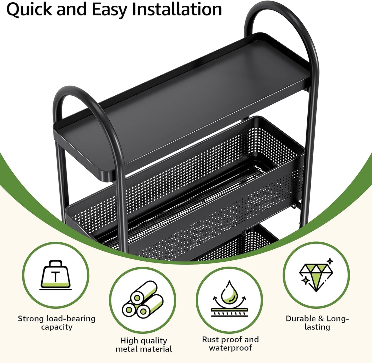 KINGRACK 3-Tier Slim Storage Cart with Pull Out Basket, Rolling Bathroom Organizer Utility, Metal Shelving Unit Slide Out, Lockable Wheels, Easy Assembly for Narrow Place, Kitchen, Laundry Room, Black