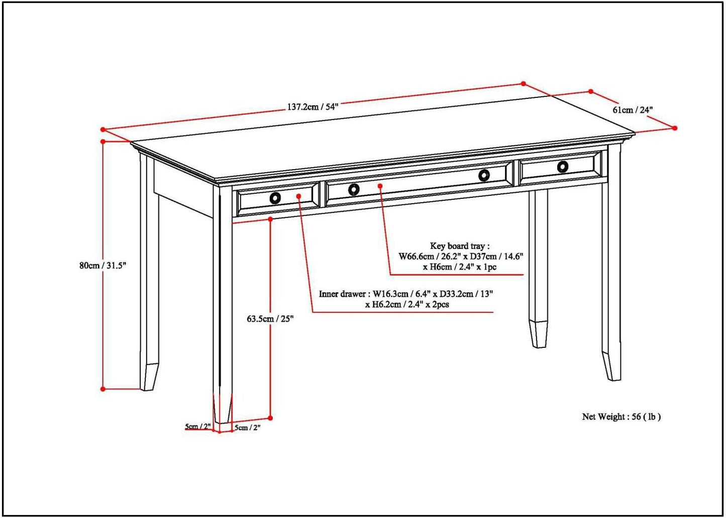 SIMPLIHOME Amherst Desk - 54-Inch Wide Solid Wood Writing Desk in Russet Brown, Transitional Home Office Computer Table for Workspace or Study with 2 Drawers and Flip-Down Keyboard Tray