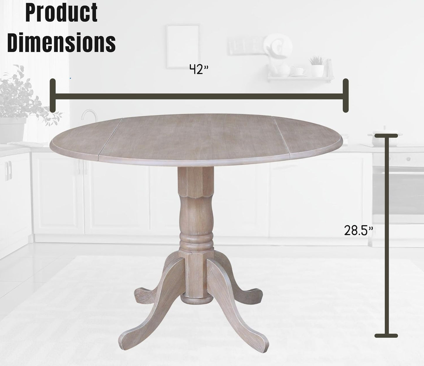 IC International Concepts, 42" Round Dual Drop Leaf Pedestal Dining Table, Solid Real Wood, Sturdy Parawood, Dimensions 42"D x 42"W x 29.5"H, 20mm thickness, 40lbs Weight Capacity, Washed Gray Taupe