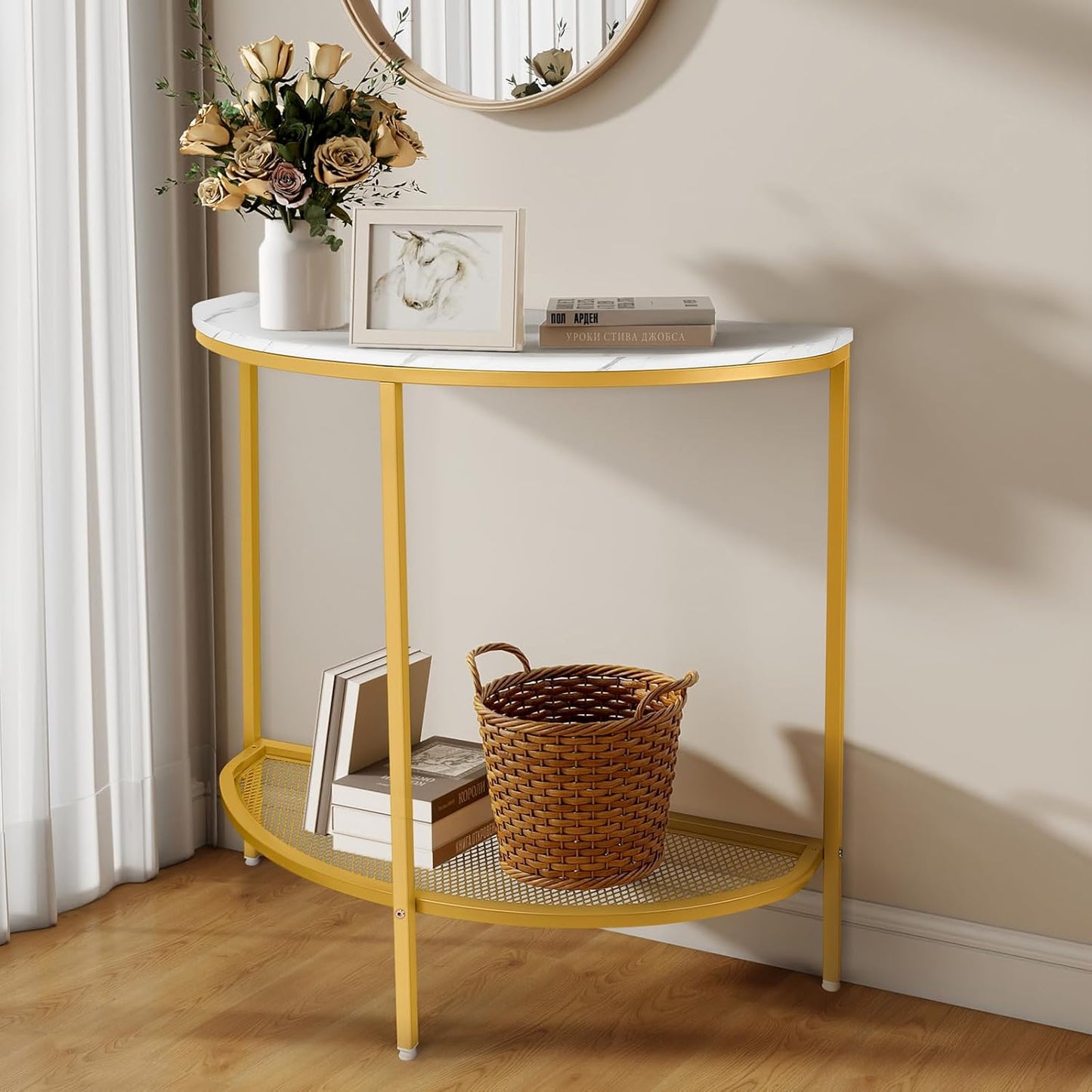 Entry Table Narrow Livingroom Furniture: 2 Tier Modern Console Table with Gold Frame and Imitation Marble Top for Kitchen Bedroom Hallway Living Room Office and More (Gold)