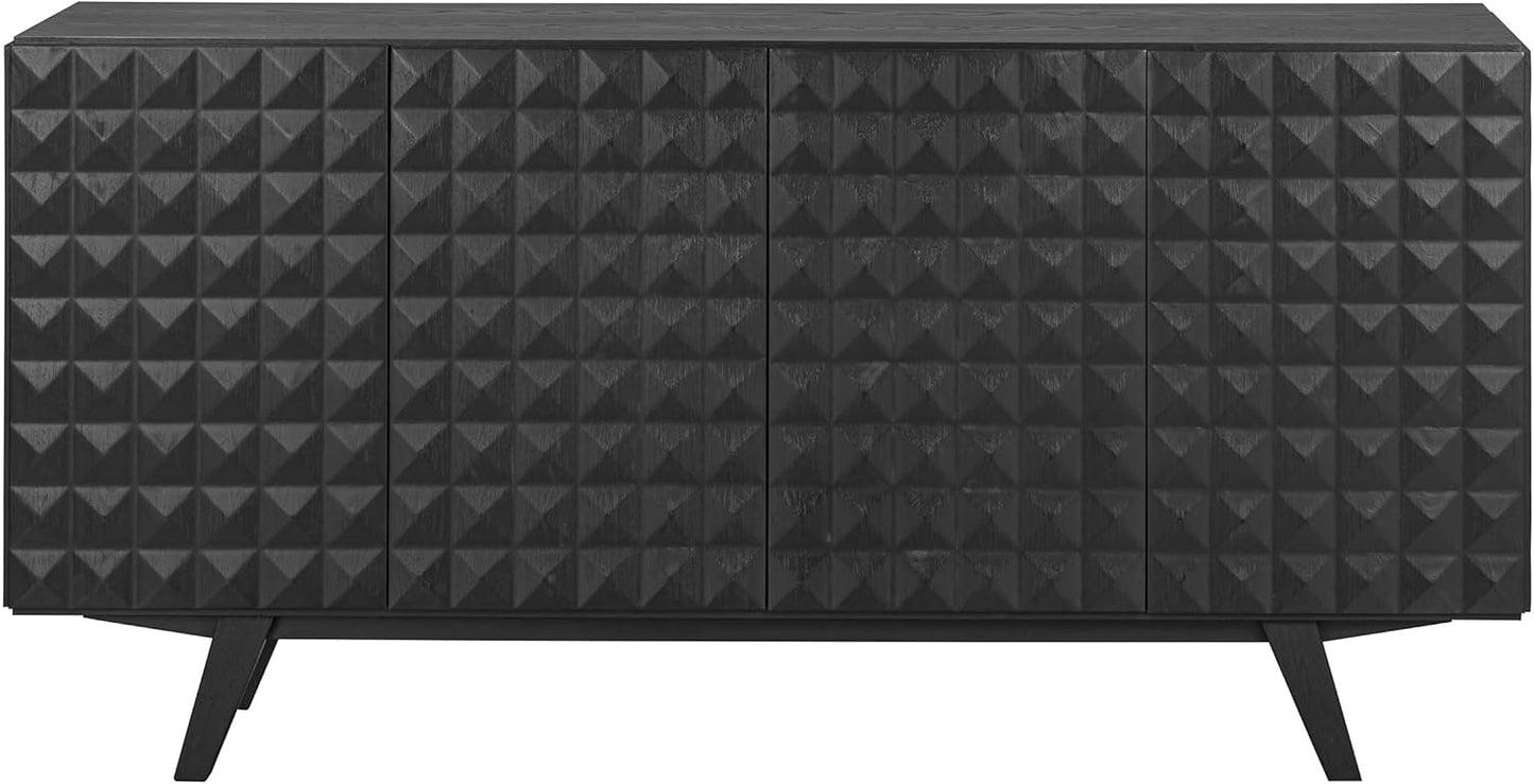 NTC Sapa Mid-Century Modern Solid Wood Sideboard – 4-Door Accent Buffet Cabinet with Carved Geometric Fronts, for Living Room, Dining Room, or Entryway, Effortless Assembly, Burnt Black