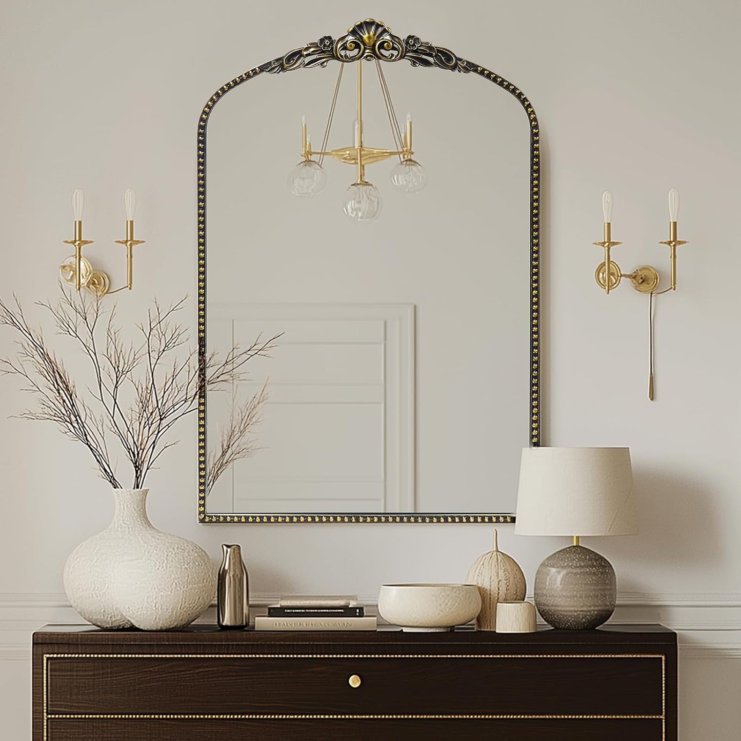 G-LEAF Vintage Baroque Mirror 24"X36", Victorian Antique Farmhouse Mantel Mirror with Black Brush Gold Ornate Metal Frame for Fireplace Entryway Living Room Hallway Bathroom