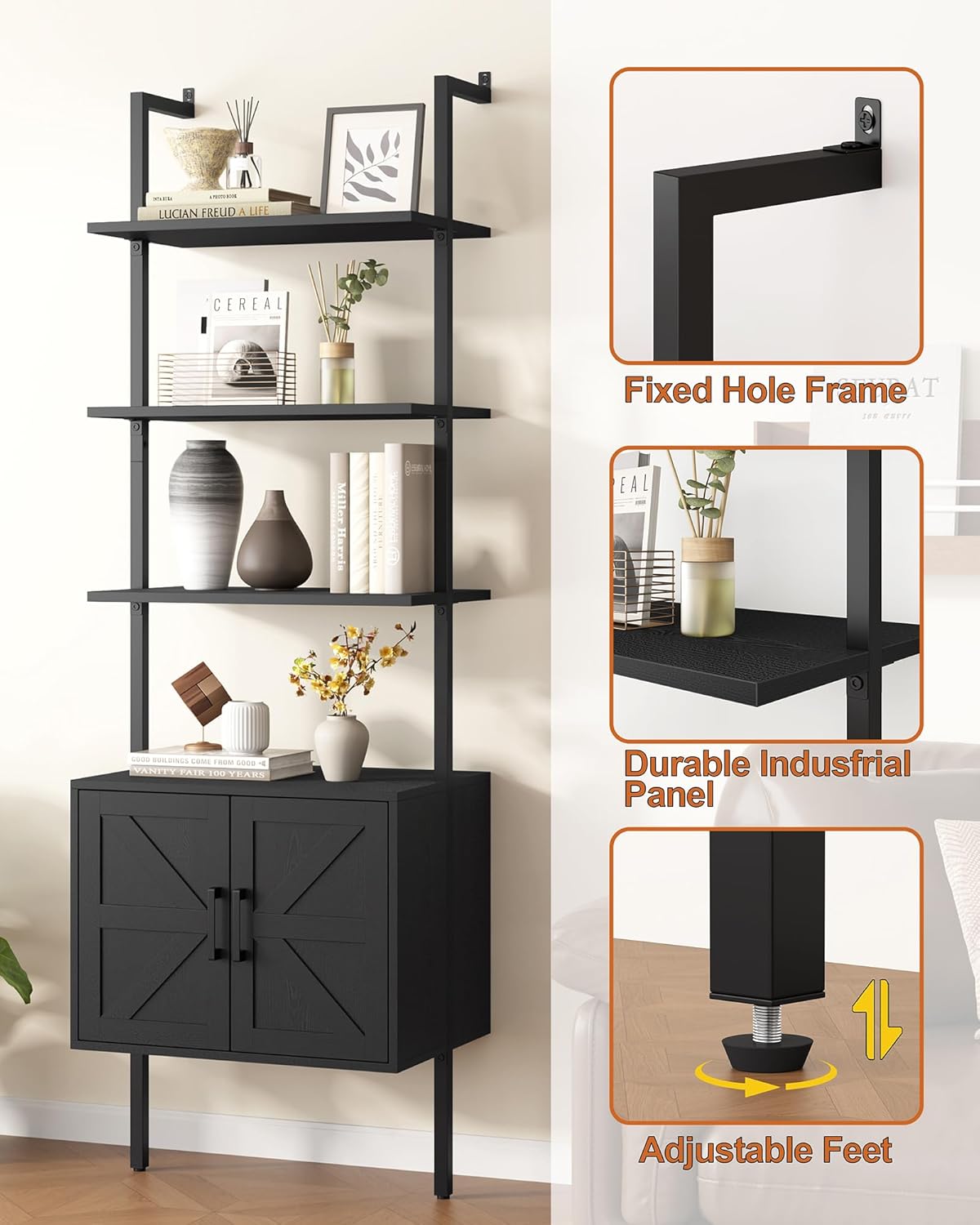 Yusong 73" Tall Bookshelf with Cabinet, Industrial Ladder Wall Mount Shelf Farmhouse Bookcase with Wood and Metal Frame, Plant Shelf Wall Storage Display for Living Room Bedroom, Farmhouse Black