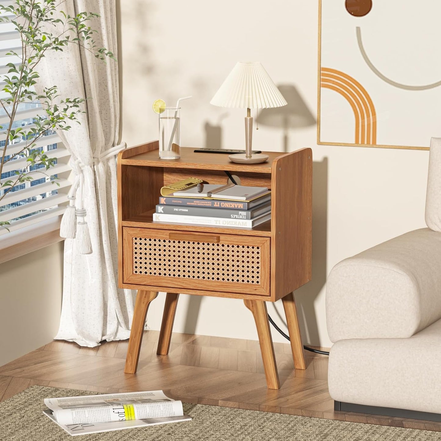 Lerliuo Rattan Nightstands Set of 2 with Charging Station, Side Table with Drawer, Cane Accent Bedside End Table with Solid Wood Legs, Night Stand for Bedroom, Dorm and Small Spaces (Tea Brown)