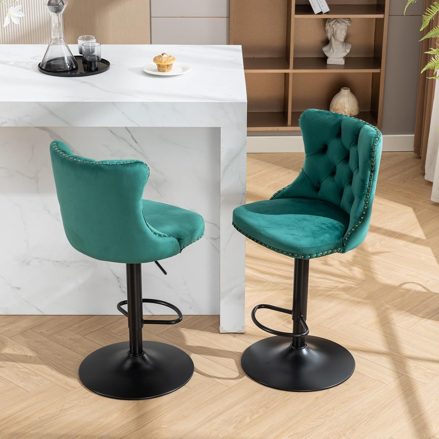PacknWood Acosure Swivel Velvet Bar Stools Adjusatble Seat Height from 25-33" with 17.7" Base, Modern Upholstered Chairs W/Backs Comfortable Tufted,for Home Pub,Kitchen,Green,Set of 2