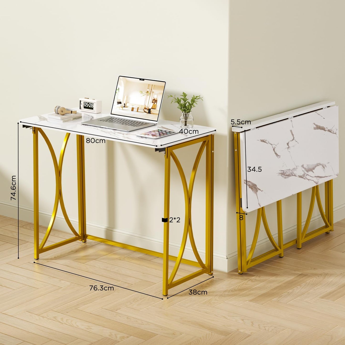 Folding Desk, 31.5" Small for Bedroom, Space Saving Foldable Computer Desk for Home Office, Easy Assembly, White and Gold
