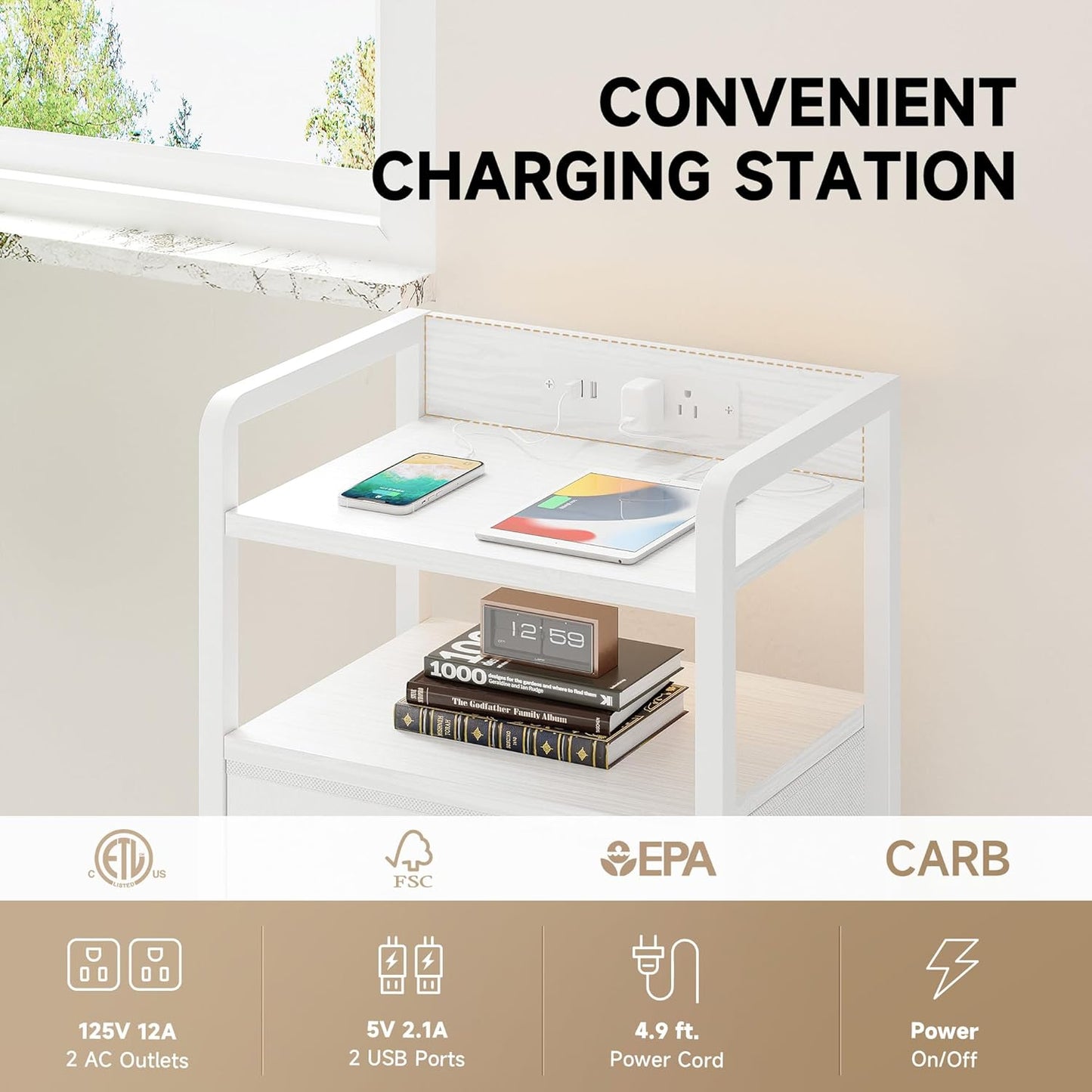 Night Stand Bedside Charger Bedroom - Nightstand with Charging Station, Bed Side Table with LED Light Strip, End Table with U-S-B Ports & AC Outlets, Storage Shelf & 3 Fabric Drawers, White