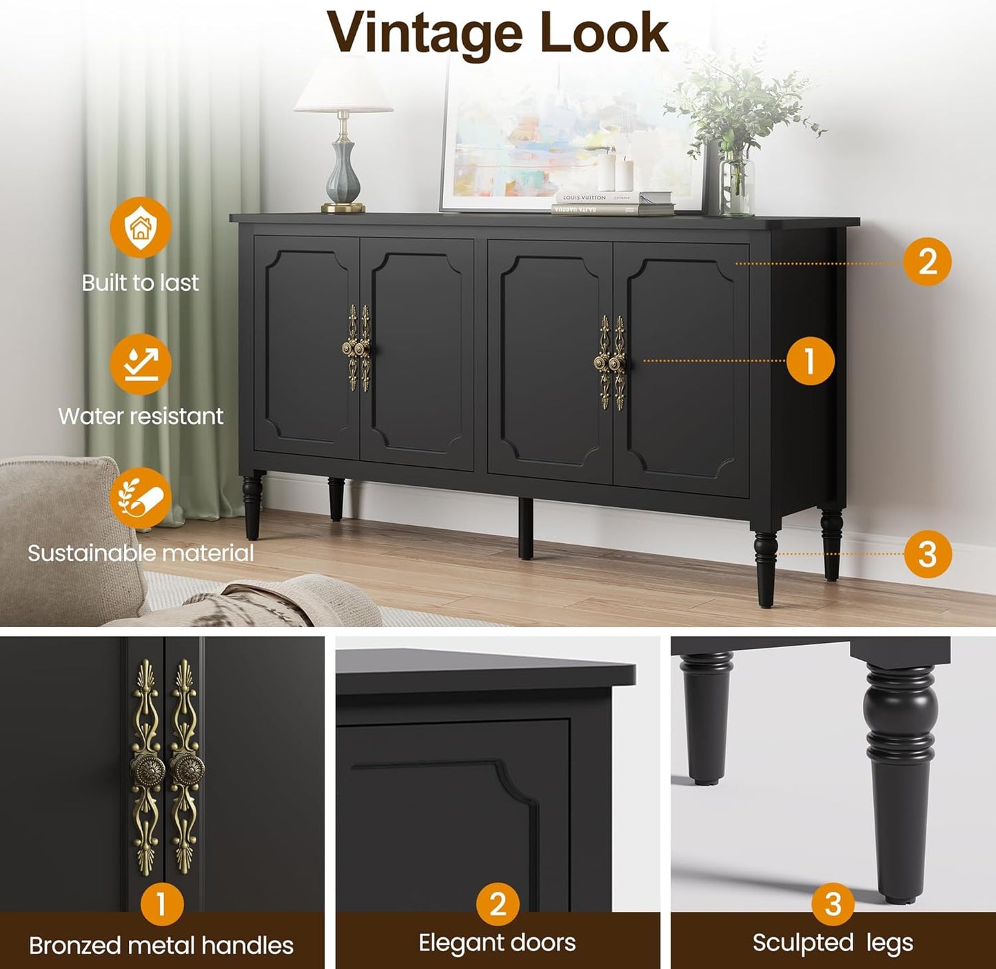 Console Cabinet, 58'' Mid Century Modern Pantry Sideboard, Wood Buffet Cabinet, Media Cabinet with 4 Doors, Accent Cabinet for Entryway, Living Room, Dining Room (Black)