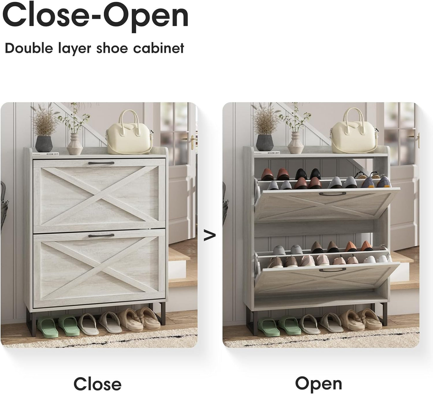 Maupvit Shoe Storage Cabinet with 2 Flip Drawers, Freestanding Organizer with Metal Legs for Entryway, Narrow Shoe Rack Cabinet, Beige